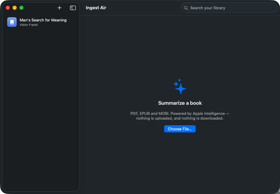 Ingest Air showing a chapter-by-chapter summary of Man's Search for Meaning, with a synopsis and themes